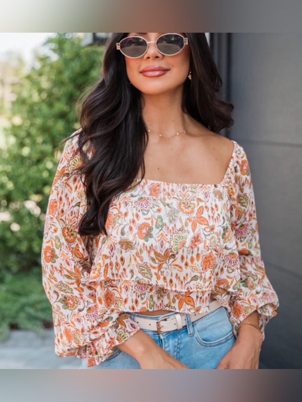 Pink Lily Orange Floral Square-Neck Peasant Blouse